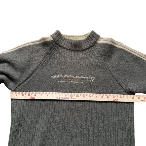Vintage Jeanswest Wool Knit Sweater L Ribbed Gray Beige Striped Sleeves Crewneck - Picture 8 of 10